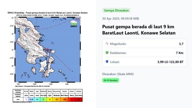 Dnešní zemětřesení v Indonésii Středa 30. dubna 2025 Vibrující Konaway Seleatan, jihovýchodní East Sulawesi

